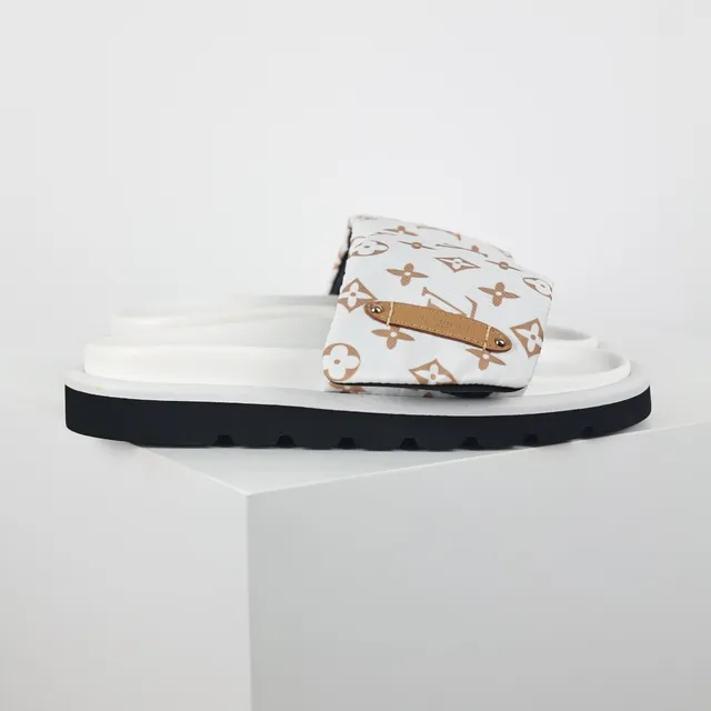 Louis Vuitton Slides White Brown Monogram Canvas Strap Tan Leather Tab Slippers 3