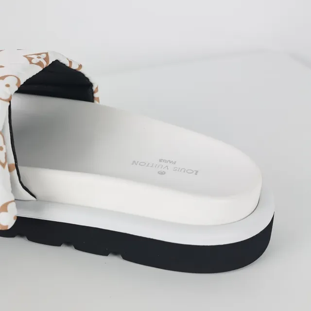 Louis Vuitton Slides White Brown Monogram Canvas Strap Tan Leather Tab Slippers 4