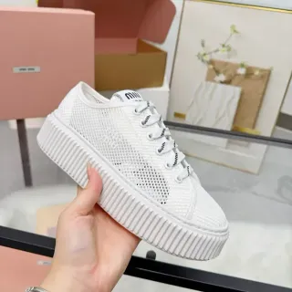 Miu Miu Platform Sneakers White Mesh Upper Ridged Sole Lifestyle Sneakers