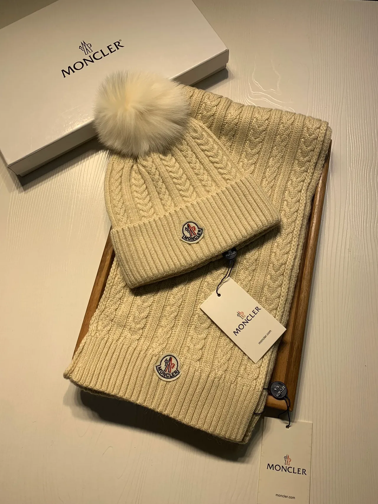 Moncler Beige Cable-Knit Pattern Ribbed Fold-Up Cuff Beanie 3