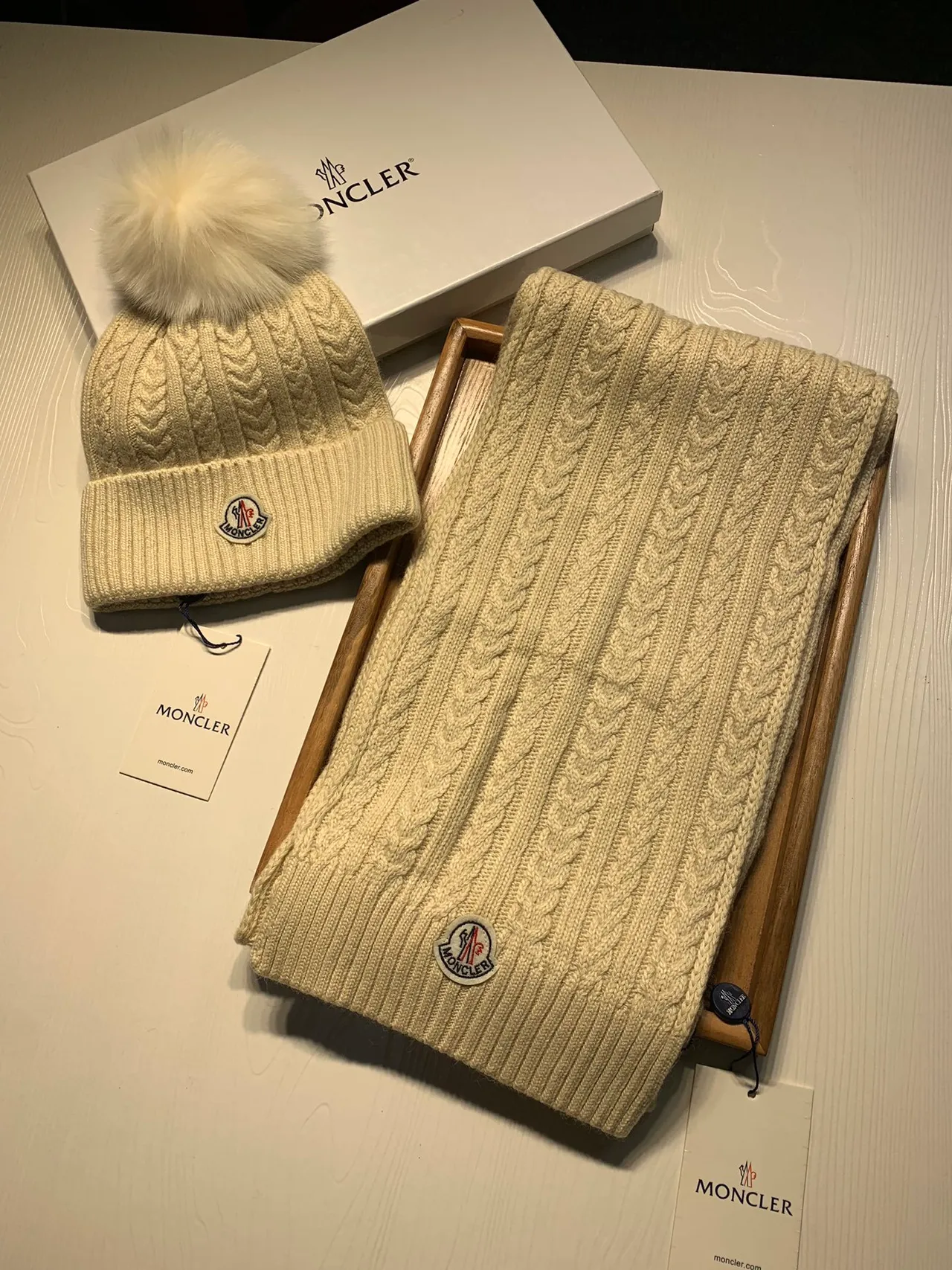Moncler Beige Cable-Knit Pattern Ribbed Fold-Up Cuff Beanie 4