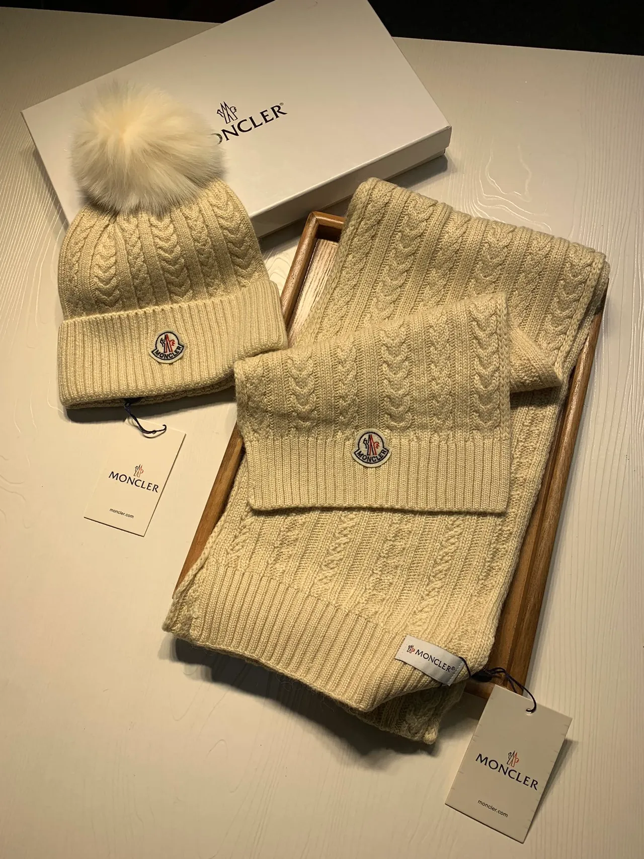 Moncler Beige Cable-Knit Pattern Ribbed Fold-Up Cuff Beanie 5