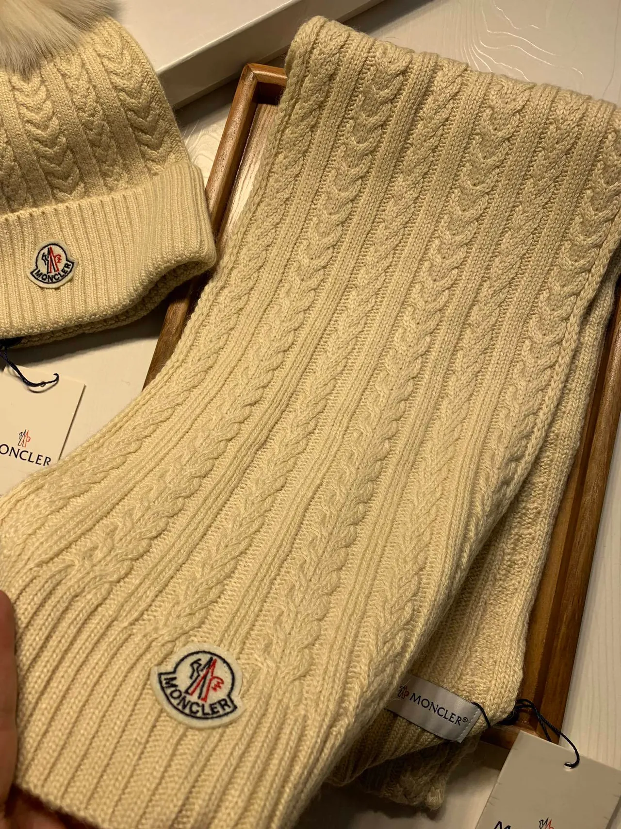 Moncler Beige Cable-Knit Pattern Ribbed Fold-Up Cuff Beanie 6