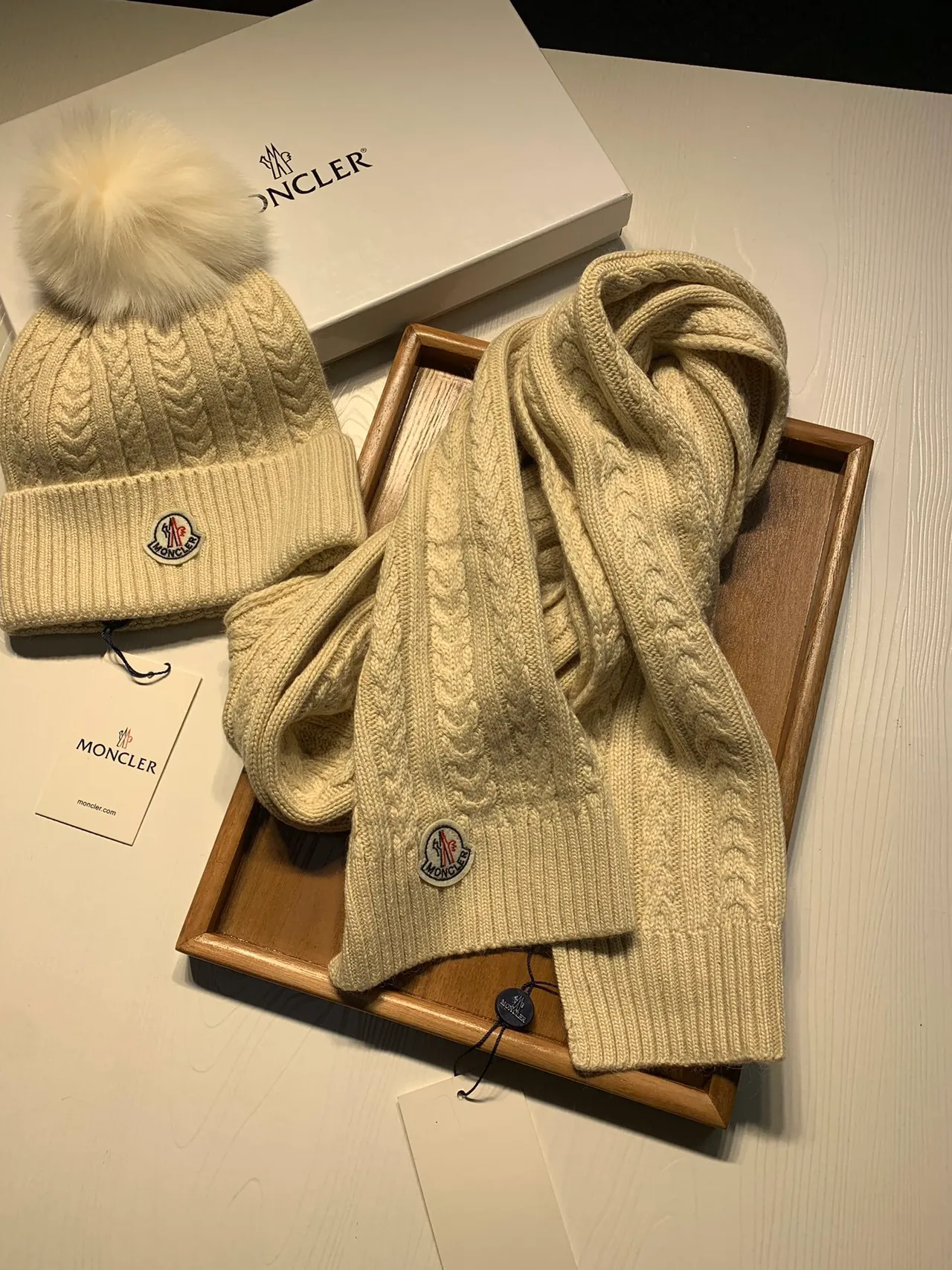 Moncler Beige Cable-Knit Pattern Ribbed Fold-Up Cuff Beanie 7