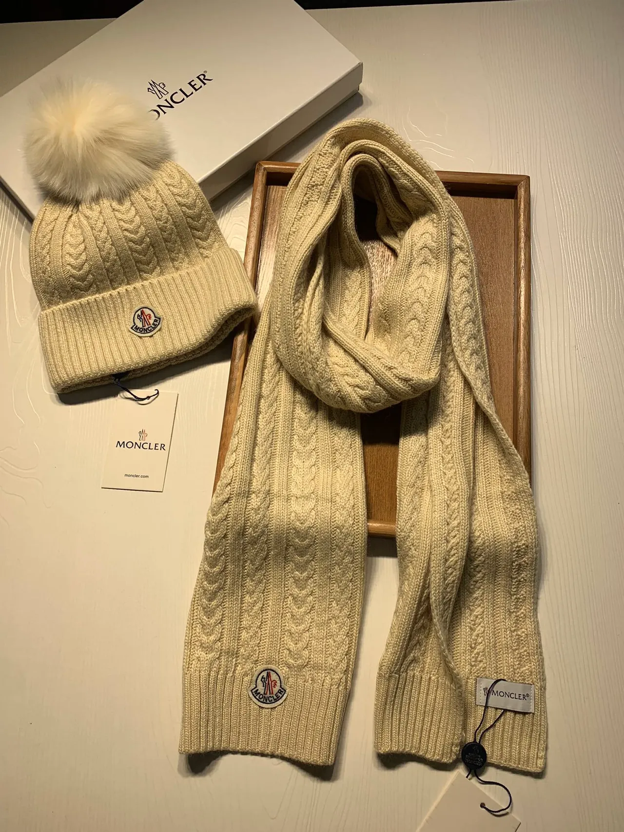 Moncler Beige Cable-Knit Pattern Ribbed Fold-Up Cuff Beanie 8