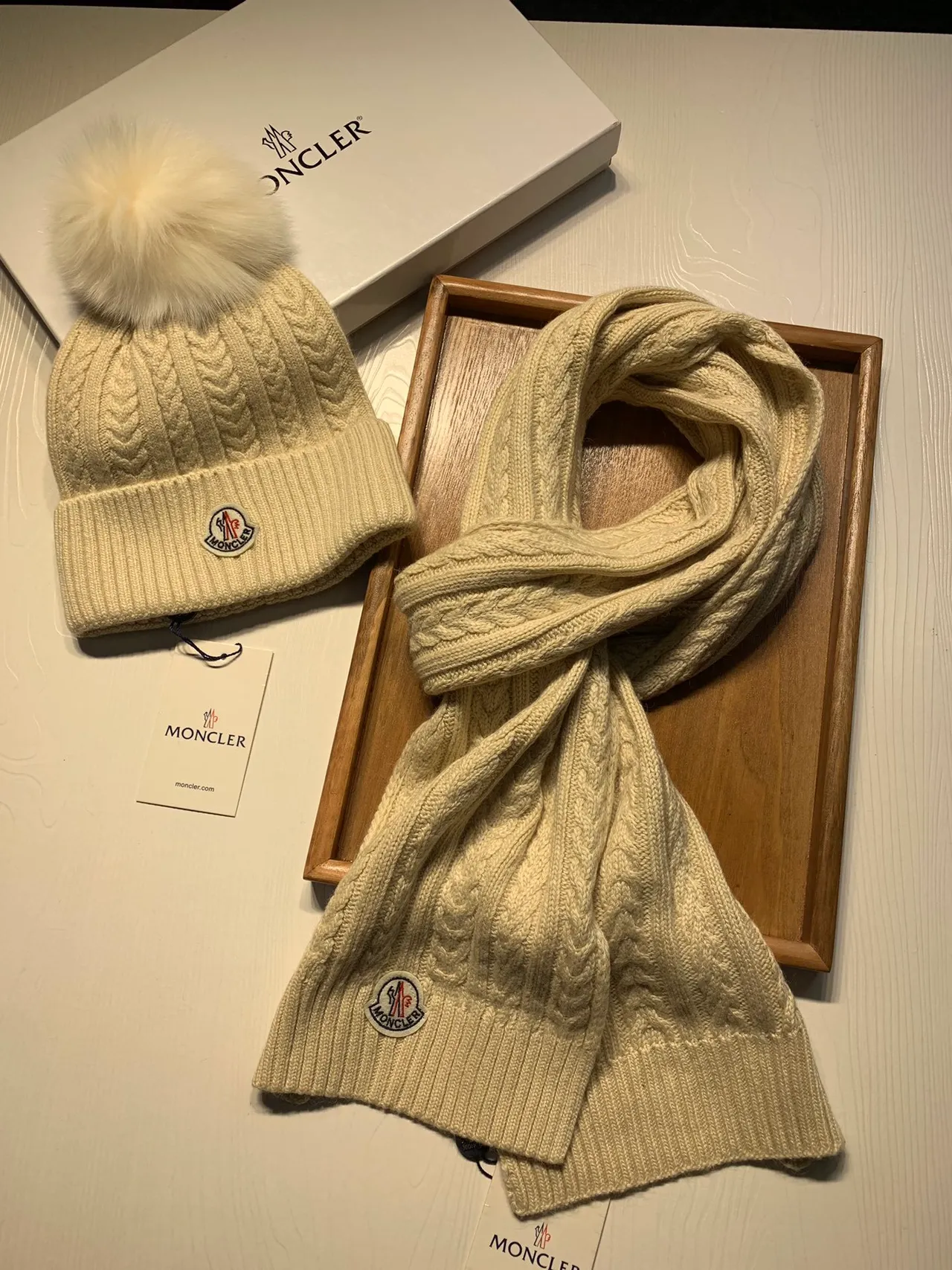 Moncler Beige Cable-Knit Pattern Ribbed Fold-Up Cuff Beanie 9