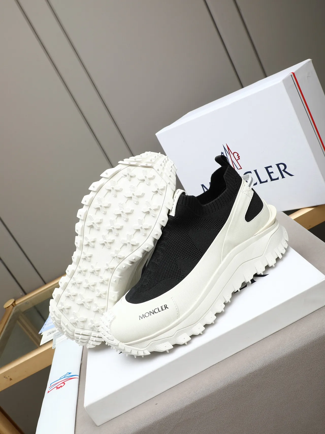 Moncler Black White Sock-Knit Upper Slip-On Construction Sneakers 4