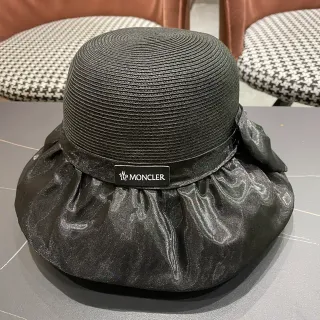 Moncler Black Woven Straw Crown Satin Ruffle Brim Fedora
