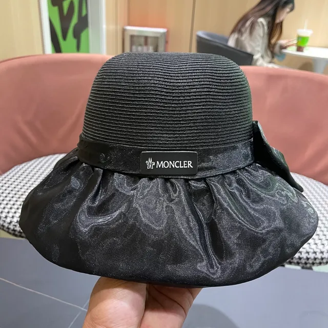Moncler Fedora preto coroa de palha trançada borda ruffle de cetim 4