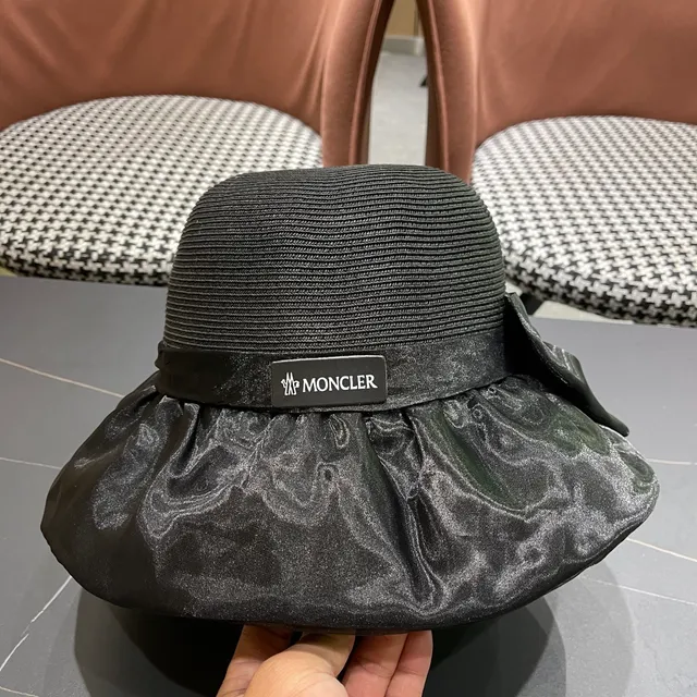 Moncler Fedora preto coroa de palha trançada borda ruffle de cetim 5