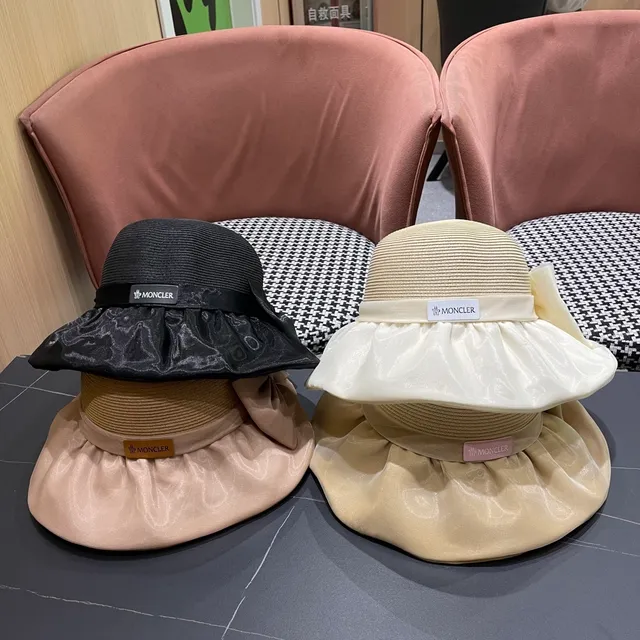 Moncler Fedora preto coroa de palha trançada borda ruffle de cetim 6