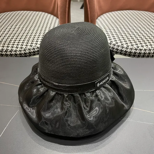 Moncler Fedora preto coroa de palha trançada borda ruffle de cetim 8