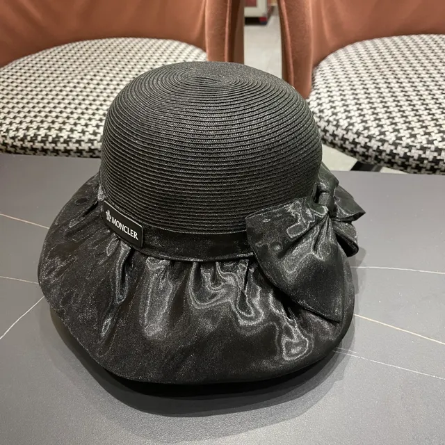 Moncler Fedora preto coroa de palha trançada borda ruffle de cetim 9