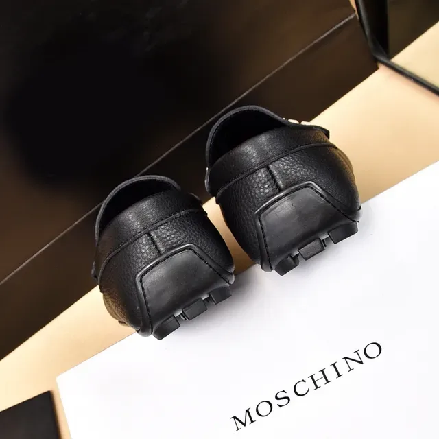 Moschino Logo-Bar Black Gold Pebbled Leather Hardware Loafer 2