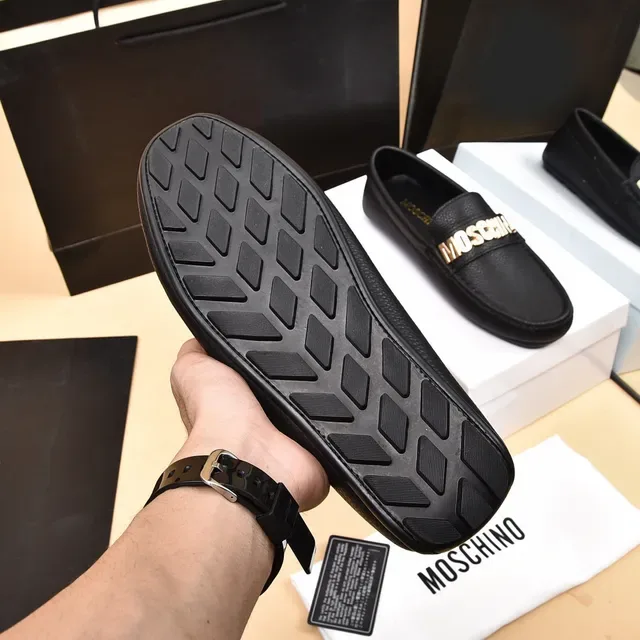 Moschino Logo-Bar Black Gold Pebbled Leather Hardware Loafer 4