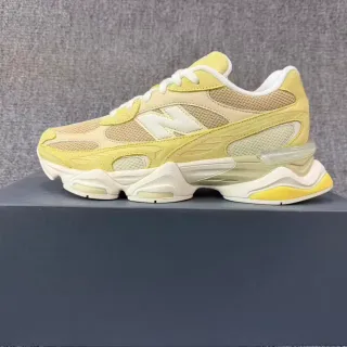 New Balance Amarelo Bege Onda Solado Misto Malha-Couro Superior Tênis com Sola Grossa