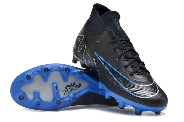 Nike Noir Bleu High-Cut Flyknit Collar Carbon-Fiber Textured Upper Superficie Firme Chaussures de Football 3