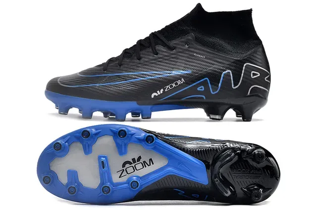 Nike Noir Bleu High-Cut Flyknit Collar Carbon-Fiber Textured Upper Superficie Firme Chaussures de Football 5