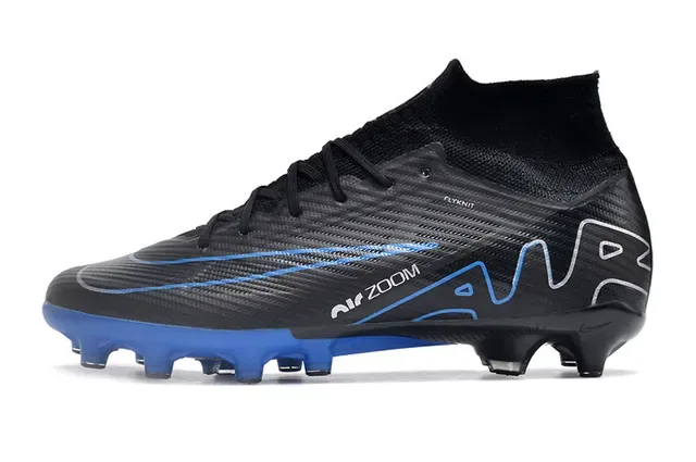 Nike Noir Bleu High-Cut Flyknit Collar Carbon-Fiber Textured Upper Superficie Firme Chaussures de Football 8