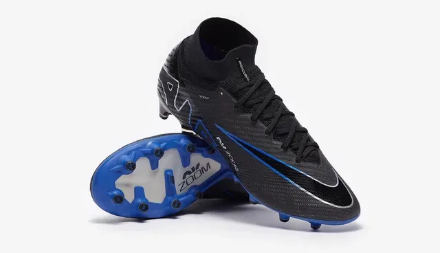 Nike Noir Bleu High-Cut Flyknit Collar Carbon-Fiber Textured Upper Superficie Firme Chaussures de Football 9