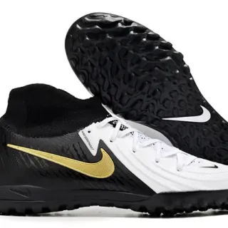 Nike Preto Dourado Colar de Ajuste de Meia Construção de Superposição Sintética Sapatos de Futebol para Gramado