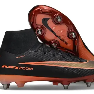 Nike Preto Laranja High-Cut Sock-Fit Upper Flyknit Construction Firm-Ground Tênis de Futebol