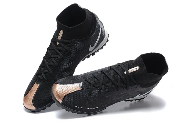 Nike Preto e Prata Alto Ajuste Meia Superior de Malha Grama Artificial Sapatos de Futebol 2