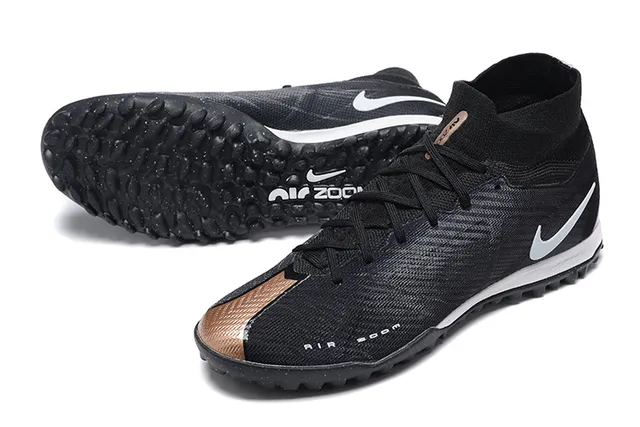 Nike Preto e Prata Alto Ajuste Meia Superior de Malha Grama Artificial Sapatos de Futebol 7