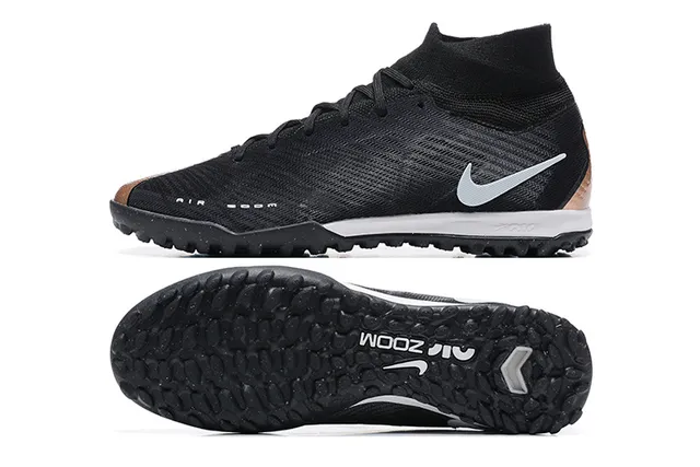 Nike Preto e Prata Alto Ajuste Meia Superior de Malha Grama Artificial Sapatos de Futebol 9