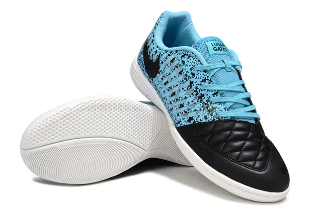 Nike zapatillas de fútbol indoor con empeine Flyknit azul negro moteado, capucha de cuero acolchado en la punta 4