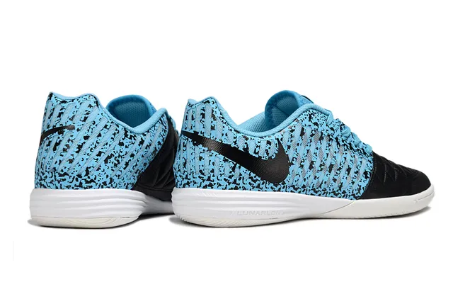 Nike zapatillas de fútbol indoor con empeine Flyknit azul negro moteado, capucha de cuero acolchado en la punta 5