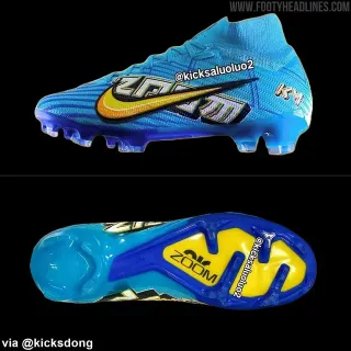Nike Bleu Jaune Haut-Coupé Tricot Supérieur Moldé Clous Coniques Sol Ferme Chaussures de Football