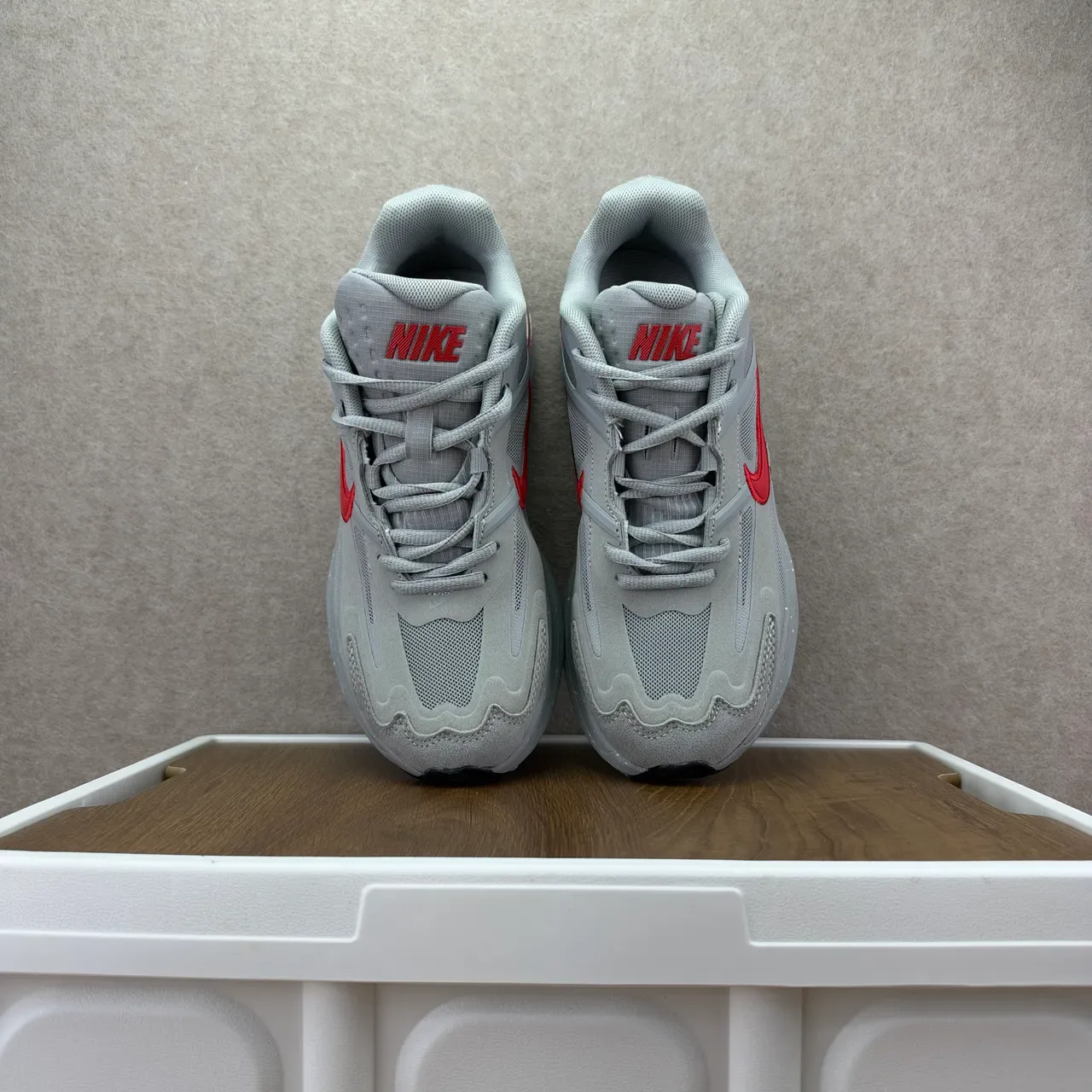 Nike Gray Red Layered Synthetic Cage Mesh Upper Lifestyle Sneakers 4