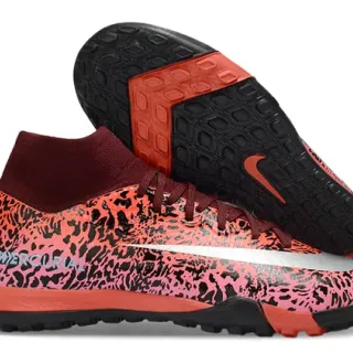 Nike Mercurial Laranja Preto Estampa de Leopardo Parte Superior Sintética Colar Ajuste de Meia Sapatos de Futebol Turf