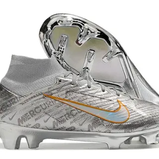 Nike Mercurial Silver Orange High-Top Knit Construction Metallic Iridescent Upper Firm-Ground Soccer Shoes