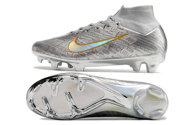 Nike Mercurial Silver Orange High-Top Knit Construction Metallic Iridescent Upper Firm-Ground Soccer Shoes 4