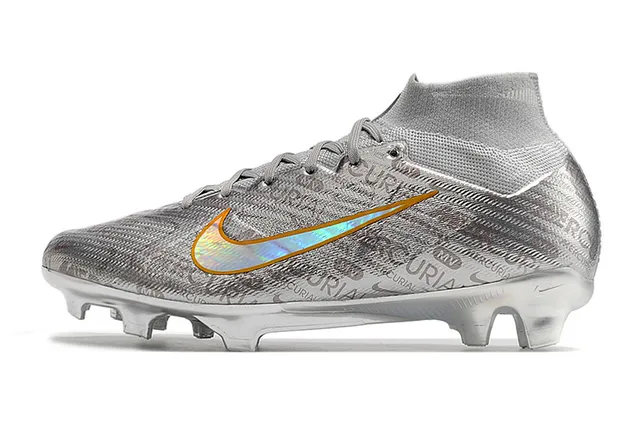 Nike Mercurial Silver Orange High-Top Knit Construction Metallic Iridescent Upper Firm-Ground Soccer Shoes 5