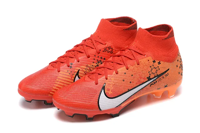 Nike أحذية كرة القدم برتقالي أسود كعب عالي من القماش المحبوك تغطية Swoosh البيضاء أرض صلبة 8