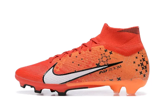 Nike أحذية كرة القدم برتقالي أسود كعب عالي من القماش المحبوك تغطية Swoosh البيضاء أرض صلبة 10