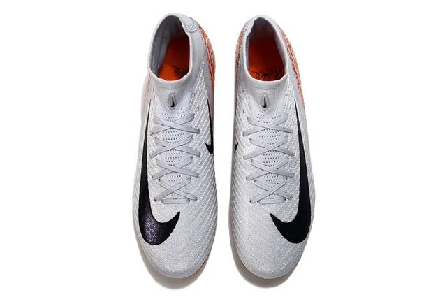 Nike Orange Gray High-Cut Sock-Fit Collar Asymmetric Synthetic Overlay Turf Soccer Shoes 2