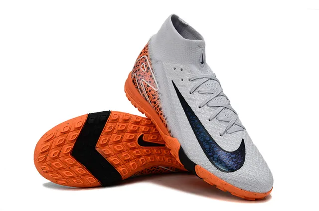 Nike Orange Gray High-Cut Sock-Fit Collar Asymmetric Synthetic Overlay Turf Soccer Shoes 3