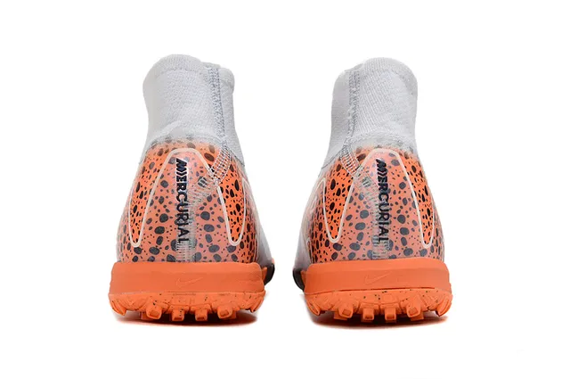 Nike Orange Gray High-Cut Sock-Fit Collar Asymmetric Synthetic Overlay Turf Soccer Shoes 4