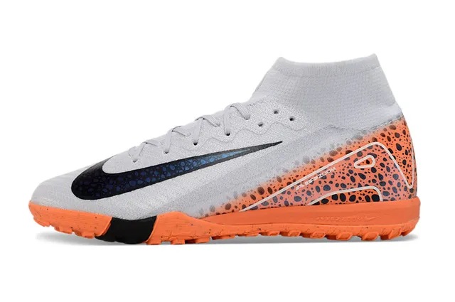 Nike Orange Gray High-Cut Sock-Fit Collar Asymmetric Synthetic Overlay Turf Soccer Shoes 8