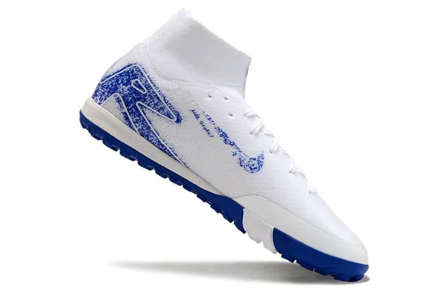 Nike Sapatos de Futebol Turf Branco Azul Alto Corte Colar Ajustável à Meia Tecido Tricô Texturizado 2