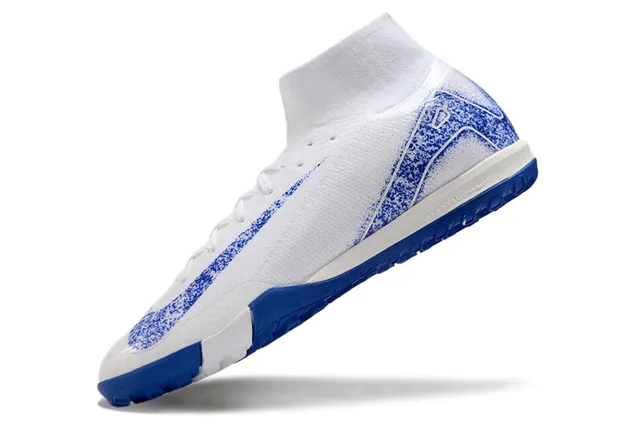 Nike Sapatos de Futebol Turf Branco Azul Alto Corte Colar Ajustável à Meia Tecido Tricô Texturizado 3