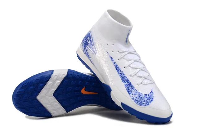 Nike Sapatos de Futebol Turf Branco Azul Alto Corte Colar Ajustável à Meia Tecido Tricô Texturizado 4