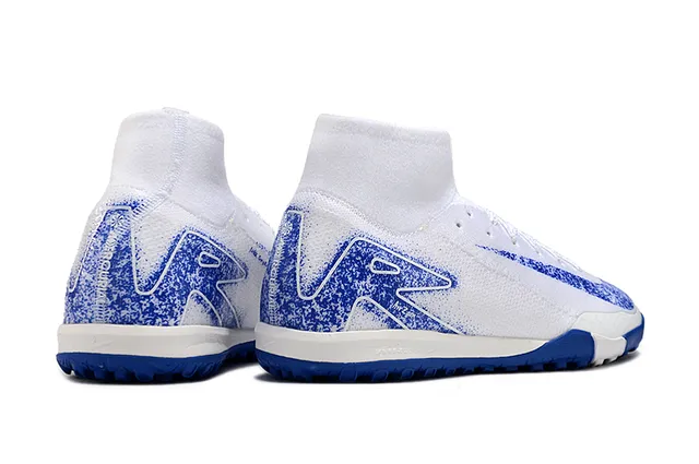 Nike Sapatos de Futebol Turf Branco Azul Alto Corte Colar Ajustável à Meia Tecido Tricô Texturizado 5
