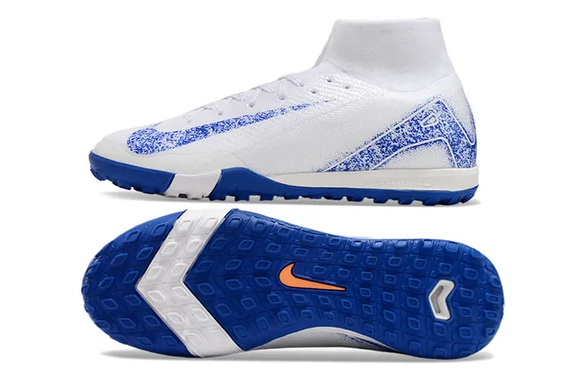 Nike Sapatos de Futebol Turf Branco Azul Alto Corte Colar Ajustável à Meia Tecido Tricô Texturizado 6