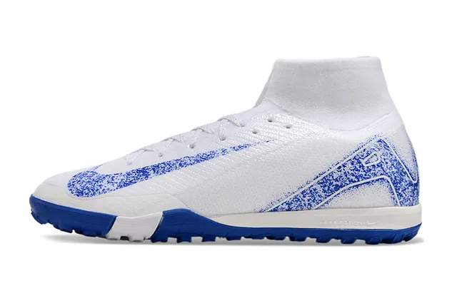 Nike Sapatos de Futebol Turf Branco Azul Alto Corte Colar Ajustável à Meia Tecido Tricô Texturizado 7