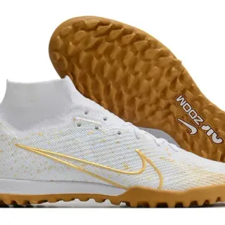 Nike White Gold Flyknit Upper Sock-Fit Collar Sapatos de futebol turf